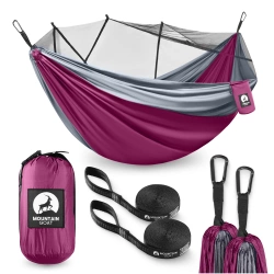 Hamac de călătorie Mountain Goat pentru două persoane cu plasă împotriva țânțarilor gri-roz