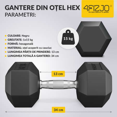 Ganteră din oțel HEX 15 kg (1 Bucată)