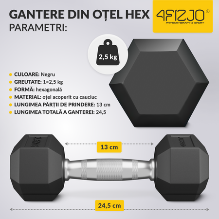 Ganteră din oțel HEX 2,5 kg (1 Bucată)