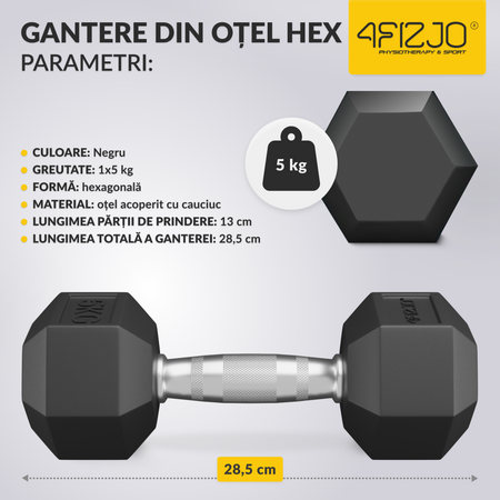Ganteră din oțel HEX 5 kg (1 Bucată)