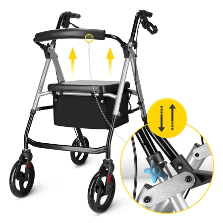 Cărucior cu patru roți cu scaun și geantă argintiu