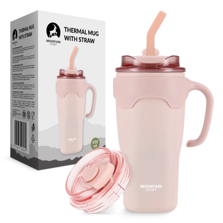 Cană termică cu pai 650 ml roz
