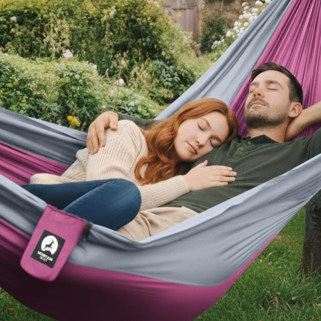 Hamac de călătorie Mountain Goat pentru două persoane cu plasă împotriva țânțarilor gri-roz