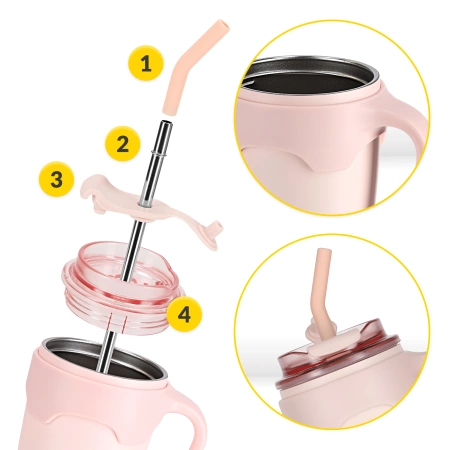 Cană termică cu pai 650 ml roz