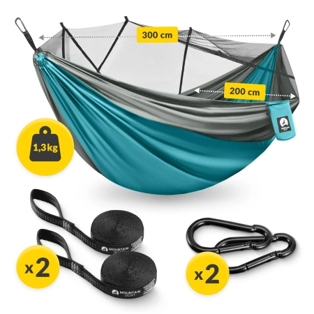 Hamac de călătorie Mountain Goat pentru două persoane cu plasă împotriva țânțarilor gri-turcoaz