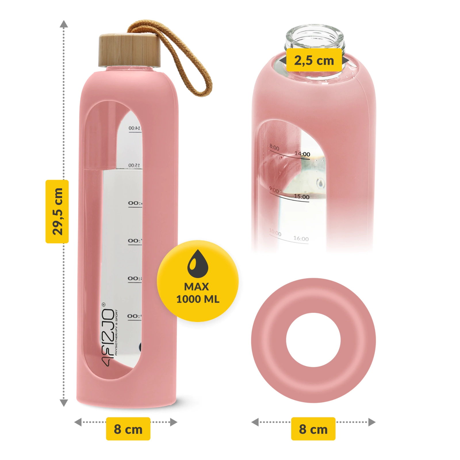 Sticlă de apă sport din sticlă de 1L cu carcasă din silicon, pahar de măsurare și capac din bambus. Paharul de măsurare vă va ajuta să controlați cantitatea de lichide pe care o beți.