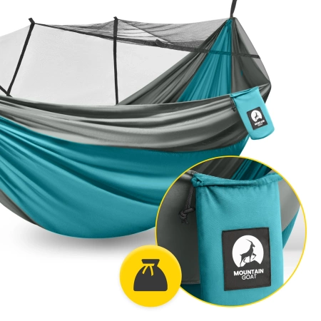 Hamac de călătorie Mountain Goat pentru două persoane cu plasă împotriva țânțarilor gri-turcoaz