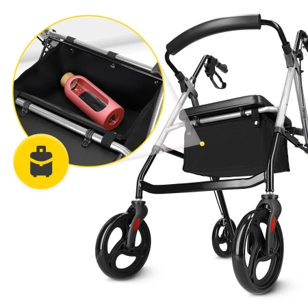Cărucior cu patru roți cu scaun și geantă argintiu