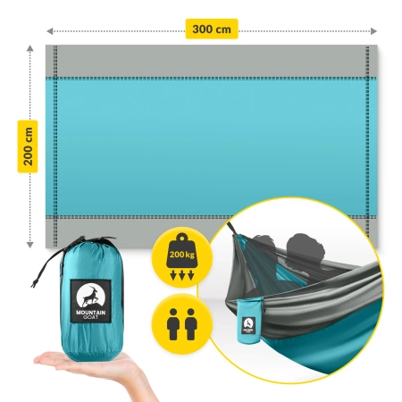 Hamac de călătorie Mountain Goat pentru două persoane cu plasă împotriva țânțarilor gri-turcoaz