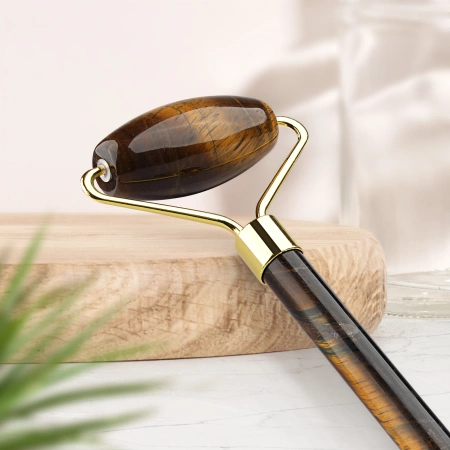 Roller facial din cuarț natural Tiger Eye