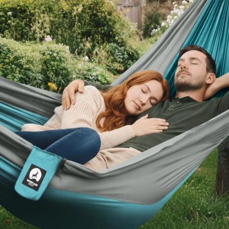 Hamac de călătorie Mountain Goat pentru două persoane cu plasă împotriva țânțarilor gri-turcoaz