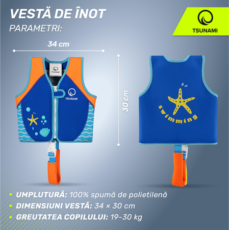 Vestă de înot pentru copii 3-6 ani TSUNAMI albastru