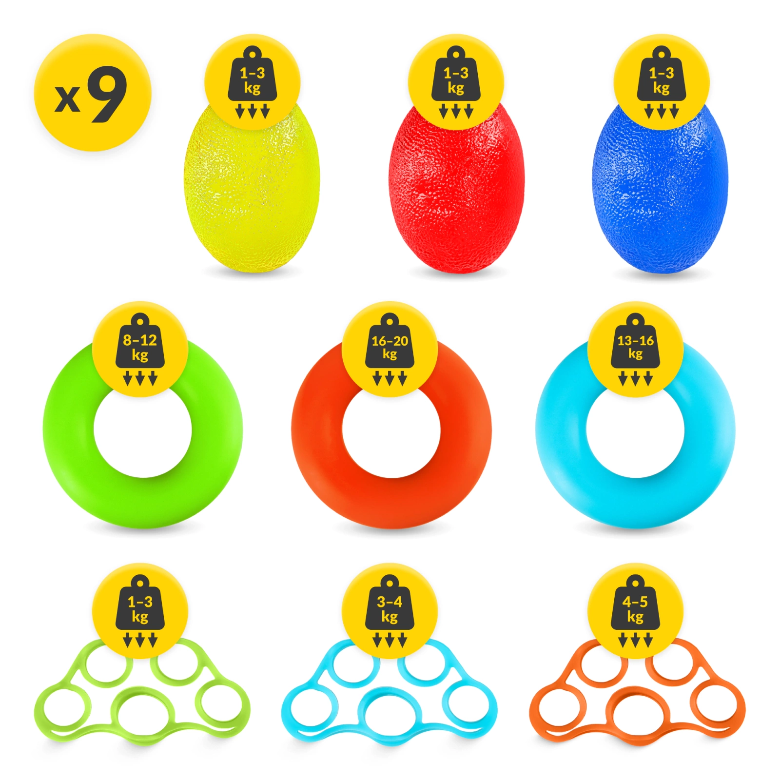  Set de 9 benzi pentru exerciții ale mâinilor și degetelor