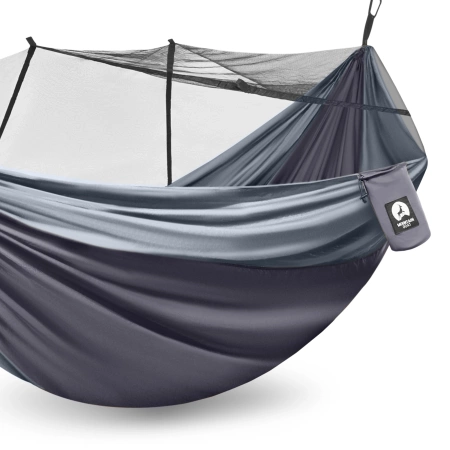 Hamac de călătorie Mountain Goat pentru două persoane cu plasă împotriva țânțarilor gri-grafit