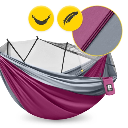 Hamac de călătorie Mountain Goat pentru două persoane cu plasă împotriva țânțarilor gri-roz