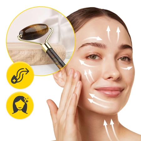 Roller facial din cuarț natural Tiger Eye