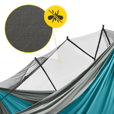 Hamac de călătorie Mountain Goat pentru două persoane cu plasă împotriva țânțarilor gri-turcoaz