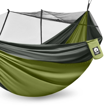 Hamac de călătorie Mountain Goat pentru două persoane cu plasă împotriva țânțarilor gri-verde