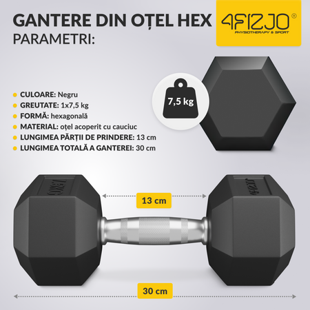 Ganteră din oțel HEX 7,5 kg (1 Bucată)