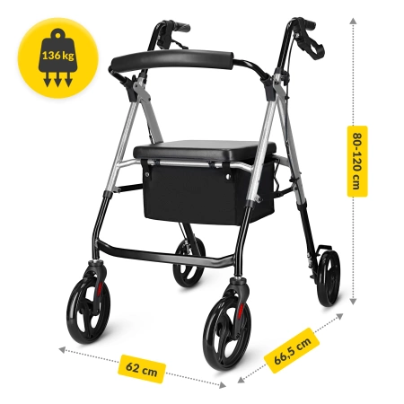 Cărucior cu patru roți cu scaun și geantă argintiu