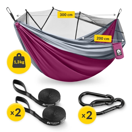 Hamac de călătorie Mountain Goat pentru două persoane cu plasă împotriva țânțarilor gri-roz