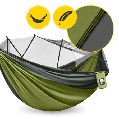 Hamac de călătorie Mountain Goat pentru două persoane cu plasă împotriva țânțarilor gri-verde